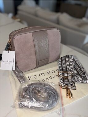 Pom Pom London Mocha brown Suede & Leather City Crossbody Bag Purse Bundle NWT